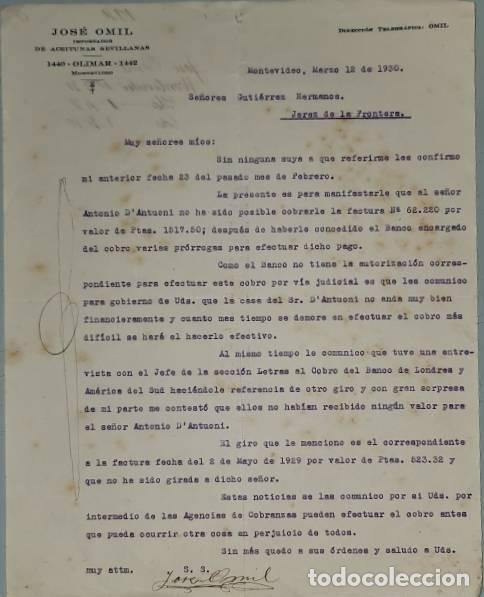 Cartas comerciales: Carta comercial. Jos&eacute; Omil. Importador de aceitunas Sevillanas. Montevideo. Uruguay 1930