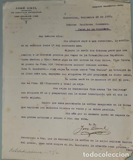 Cartas comerciales: Carta comercial. Jos&eacute; Omil. Importador de aceitunas Sevillanas. Montevideo. Uruguay 1930