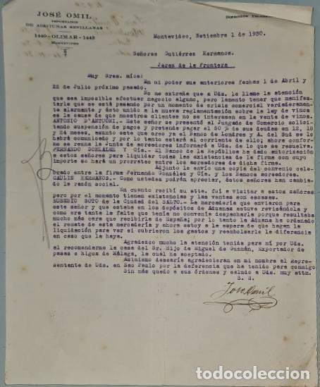 Cartas comerciales: Carta comercial. Jos&eacute; Omil. Importador de aceitunas Sevillanas. Montevideo. Uruguay 1930