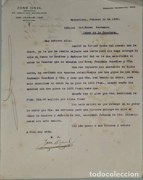 Cartas comerciales: Carta comercial. Jos&eacute; Omil. Importador de aceitunas Sevillanas. Montevideo. Uruguay 1930