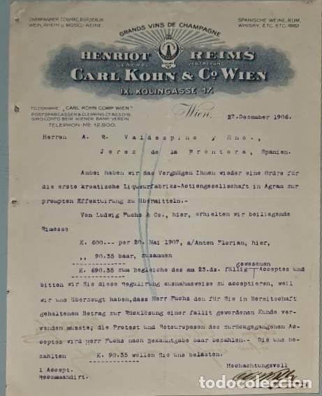 Lettere commerciali: Carta comercial. Henriot Reims. Carl Kohn & C&ordm; Wien. Grands vins de Champagne. Wien. Austria 1906