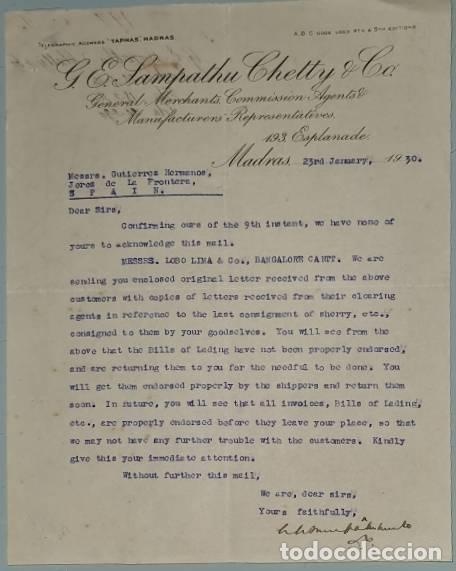 Lettres commerciales: Carta comercial. G. E. Sampathu Chetty & C&ordm;. General Merchants Commission Agents. Madras. India 1930