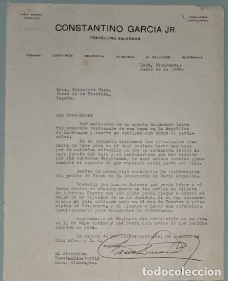 Lettres commerciales: Carta comercial. Constantino Garc&iacute;a Jr. Travelling Salesman. Leon. Nicaragua 1930