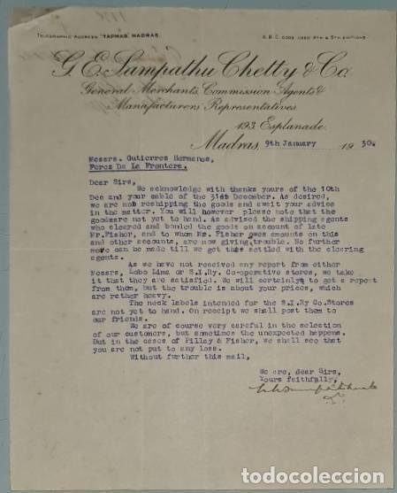 Lettres commerciales: Carta comercial. G. E. Sampathu Chetty & C&ordm;. General Merchants Commission Agents. Madras. India 1930