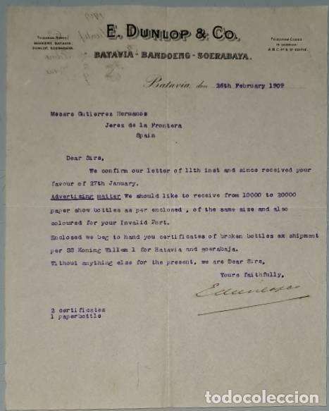 Lettres commerciales: Carta comercial. E. Dunlop & C&ordm;. Batavia- Bandoeng-Soerabaya. BAtavia. Indonesia 1909