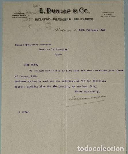 Lettres commerciales: Carta comercial. E. Dunlop & C&ordm;. Batavia- Bandoeng-Soerabaya. BAtavia. Indonesia 1909