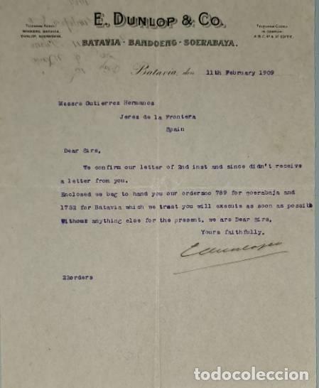 Lettres commerciales: Carta comercial. E. Dunlop & C&ordm;. Batavia- Bandoeng-Soerabaya. BAtavia. Indonesia 1909