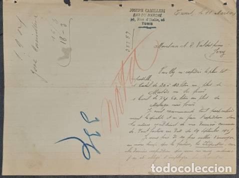 Lettres commerciales: Carta comercial. Joseph Camilleri. Bar du March&eacute;. Tunis. T&uacute;nez 1907