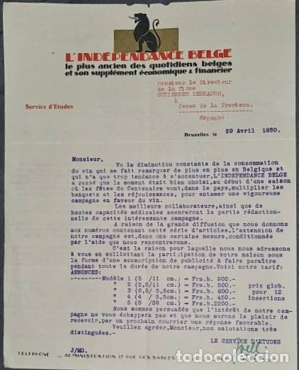 Lettres commerciales: Carta comercial. L&acute;Independance Belge. Bruxelles. B&eacute;lgica 1930