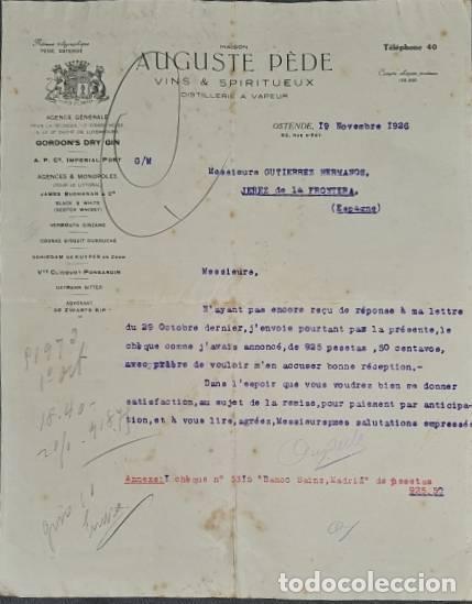 Lettres commerciales: Carta comercial. Auguste P&eacute;de. Vins & Spiritueux. Ostende. B&eacute;lgica 1926