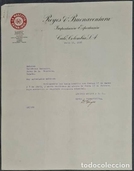 Cartas comerciais: Carta comercial. Reyes & Buenaventura. Importaci&oacute;n-Exportaci&oacute;n. Cali. Colombia 1926