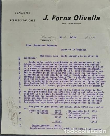 Cartas comerciais: Carta comercial. J. Forns Olivella. Comisiones y Representaciones. Barcelona. Espa&ntilde;a 1917