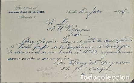 Cartas comerciais: Carta comercial. Antigua Casa de la Viuda. Restaurant. Sevilla. Espa&ntilde;a 1927
