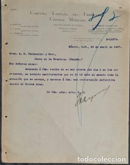 Cartas comerciais: Carta comercial. Compa&ntilde;&iacute;a Limitada del Ferrocarril Central Mexicano. M&eacute;xico 1907