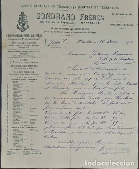Cartas comerciais: Carta comercial. Condrand Fr&eacute;res. Agence G&eacute;n&eacute;rale de Transpors Maritime et Terrestres. Marseille1900