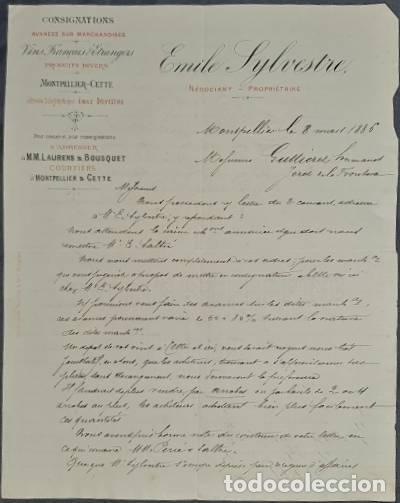 Cartas comerciais: Carta comercial. Emile Sylvestre. Consignations. Montpellier. Francia 1886