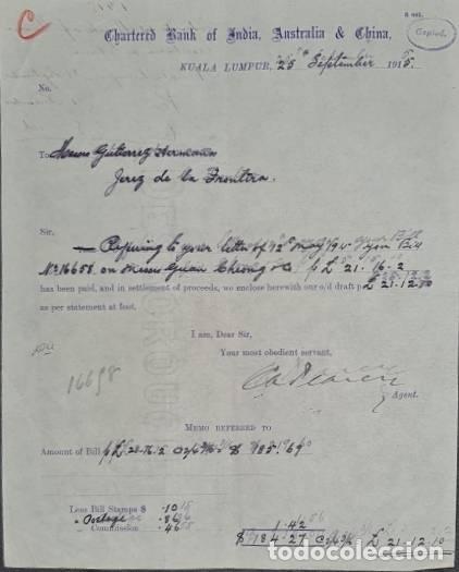Cartas comerciais: Carta comercial. Chartered Bank of India Australia & China. Kuala Lumpur. Malasia 1915