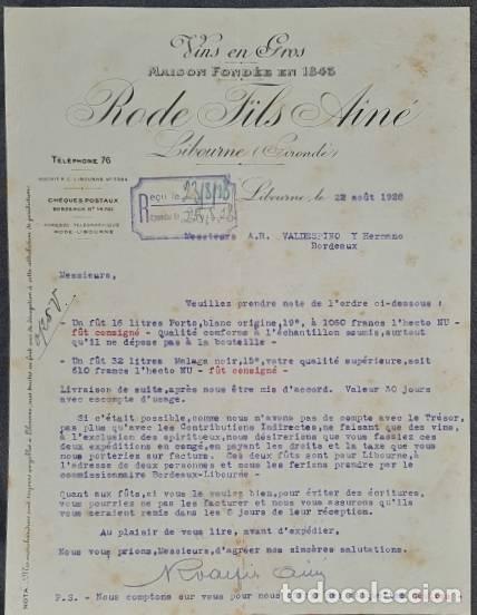 Cartas comerciais: Carta comercial. Rode Fils Ain&eacute;. Vins en Gros. Libourne. Francia 1928