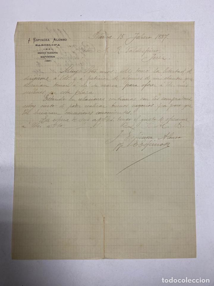 Cartas comerciais: CARTA COMERCIAL. J. ESPINOSA ALONSO. BARCELONA, 1887. DIRIGIDA A A.R. VALDESPINO, JEREZ.