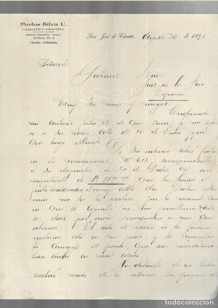 Cartas comerciais: CARTA COMERCIAL. CARLOS SILVA U. COMERCIANTE Y COMISIONISTAS. 1895. C&Uacute;CUTA, COLOMBIA. 2 PAGINAS