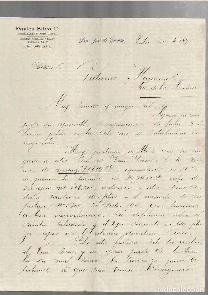 Cartas comerciais: CARTA COMERCIAL. CARLOS SILVA U. COMERCIANTE Y COMISIONISTAS. 1895. C&Uacute;CUTA, COLOMBIA. 2 PAGINAS