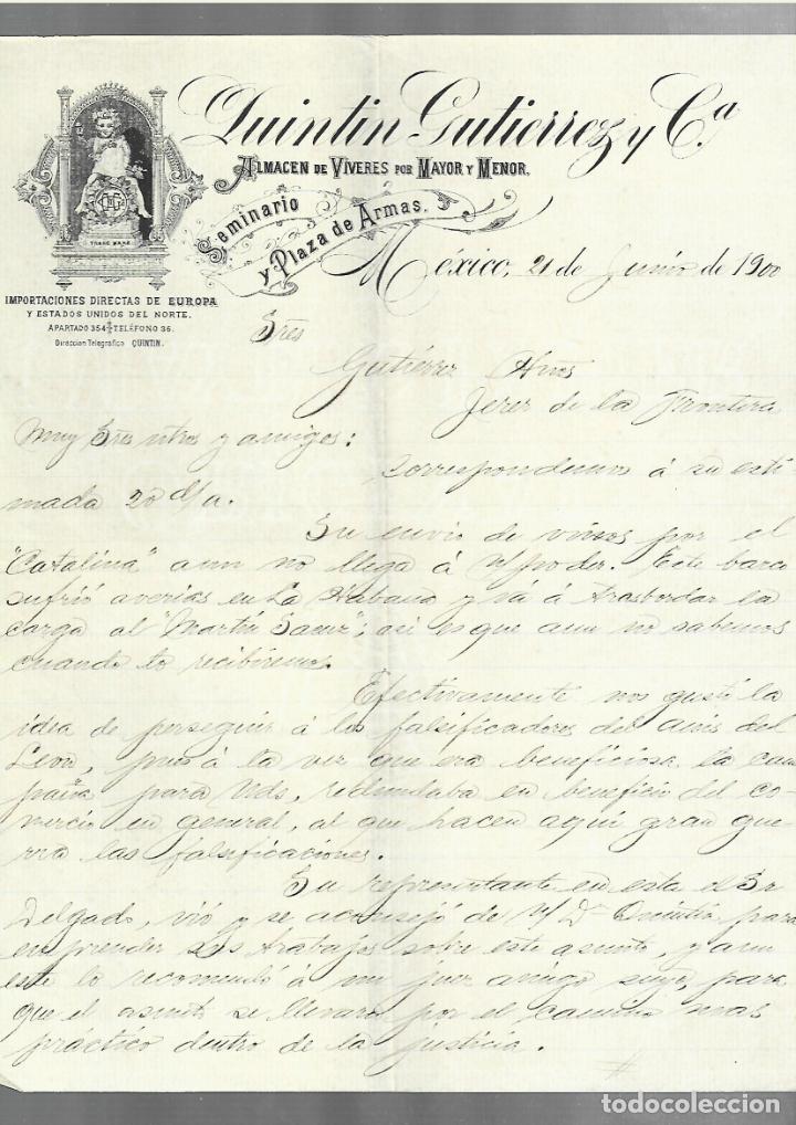 Cartas comerciales: CARTA COMERCIAL. QUINTIN GUTIERREZ Y CIA. V&Iacute;VERES. 1900. M&Eacute;XICO. 3 PAGINAS
