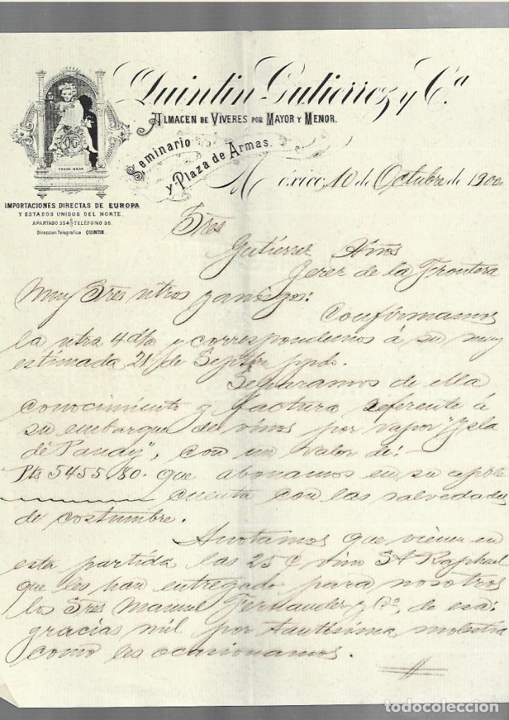 Cartas comerciales: CARTA COMERCIAL. QUINTIN GUTIERREZ Y CIA. V&Iacute;VERES. 1900. M&Eacute;XICO. 2 PAGINAS