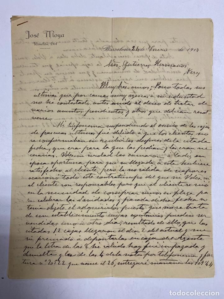 Cartas comerciales: CARTA COMERCIAL. JOS&Eacute; MOYA. BARCELONA, 1917. DIRIGIDA A GUTIERREZ HERMANOS JEREZ. 2 PAGINAS