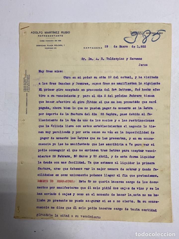 Cartas comerciales: CARTA COMERCIAL. ADOLFO MART&Iacute;NEZ RUBIO. CARTAGENA - MURCIA, 1922. 2 PAGINAS