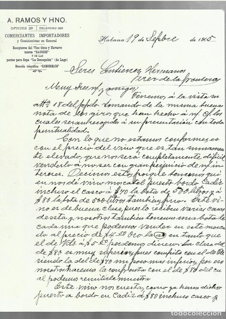 Cartas comerciales: CARTA COMERCIAL. A.RAMOS Y HNO. COMERCIANTES IMPORTADORES. 1905. HABANA, CUBA. 2 P&Aacute;GINAS