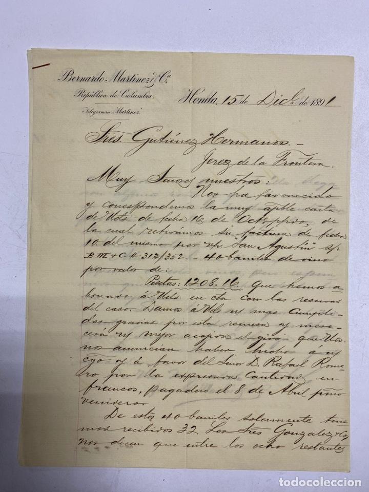 Cartas comerciales: CARTA COMERCIAL. BERNARDO MARTINEZ Y CIA. HONDA - COLOMBIA, 1891. 2 PAGINAS.