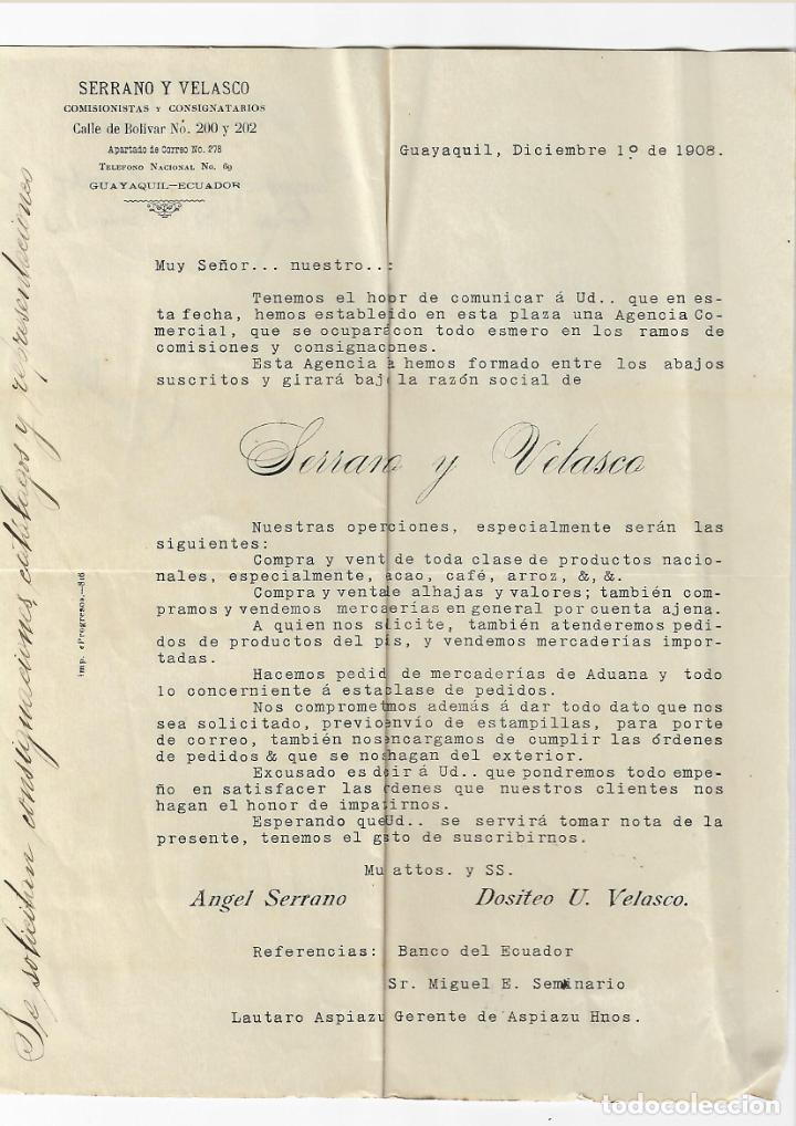 Cartas comerciales: CIRCULAR. SERRANO Y VELASCO. GUAYAQUIL, ECUADOR. 1908. CAMBIO DE RAZ&Oacute;N SOCIAL