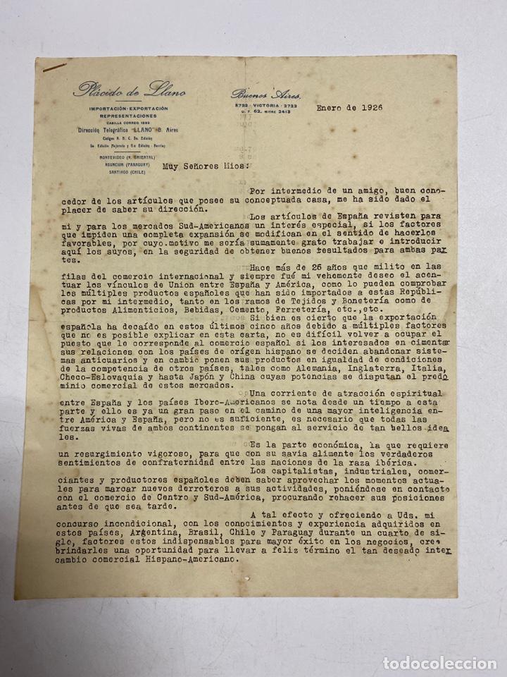 Cartas comerciais: CARTA COMERCIALES. PL&Aacute;CIDO DE LLANO. BUENOS AIRES - ARGENTINA, 1926. 2 PAGINAS