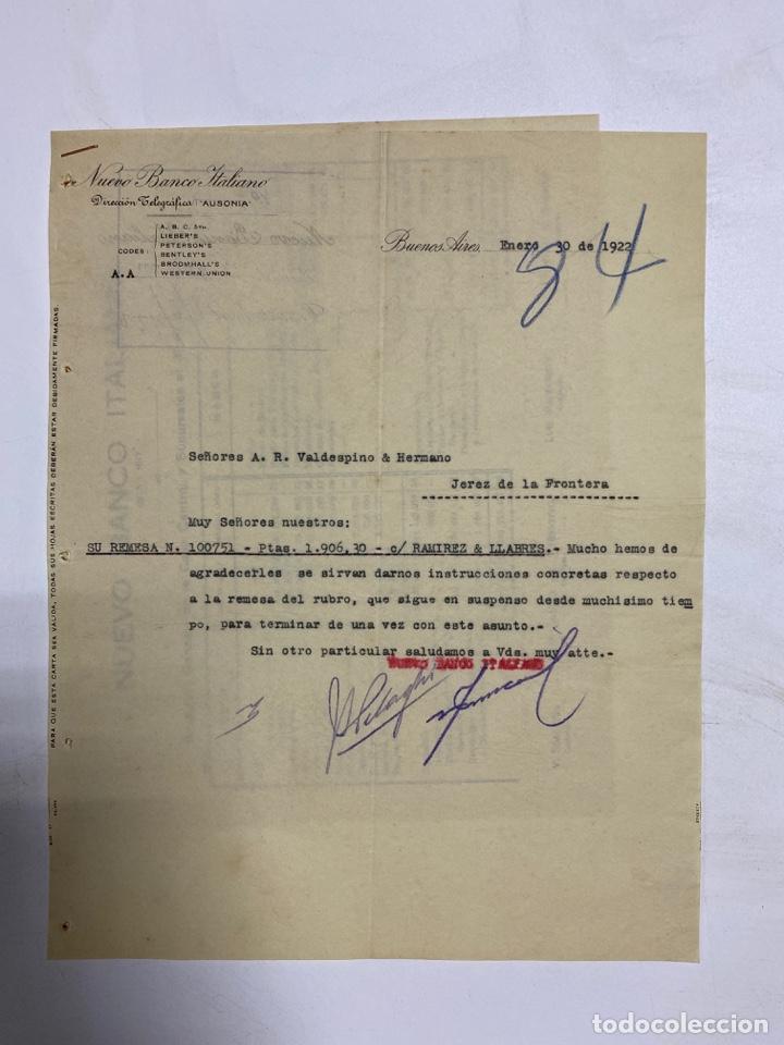 Cartas comerciais: CARTA COMERCIAL. NUEVO BANCO ITALIANO. BUENOS AIRES - ARGENTINA, 1922. DIRIGIDA A A.R. VALDESPINO