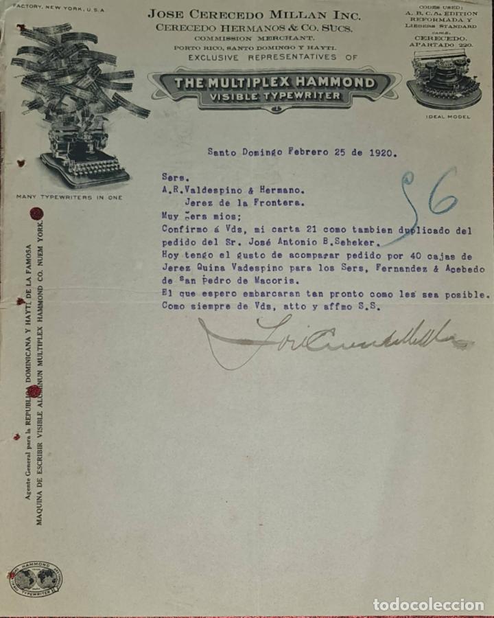 Cartas comerciais: Carta comercial. Jos&eacute; Cerecedo Mill&aacute;n. Representante. Santo Domingo. Rep. Dominicana 1920