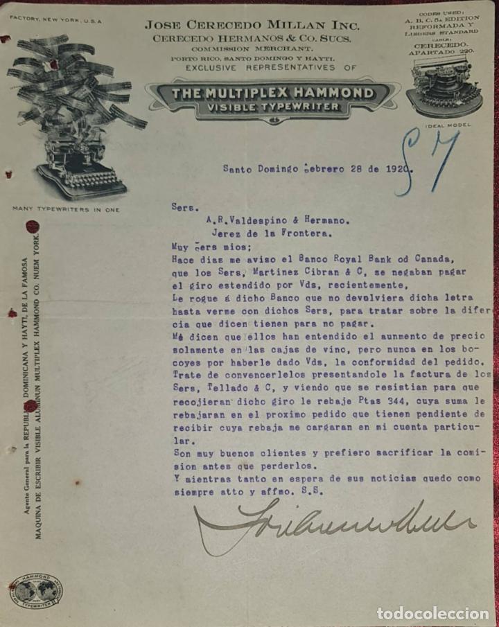 Cartas comerciais: Carta comercial. Jos&eacute; Cerecedo Mill&aacute;n. Representante. Santo Domingo. Rep. Dominicana 1920