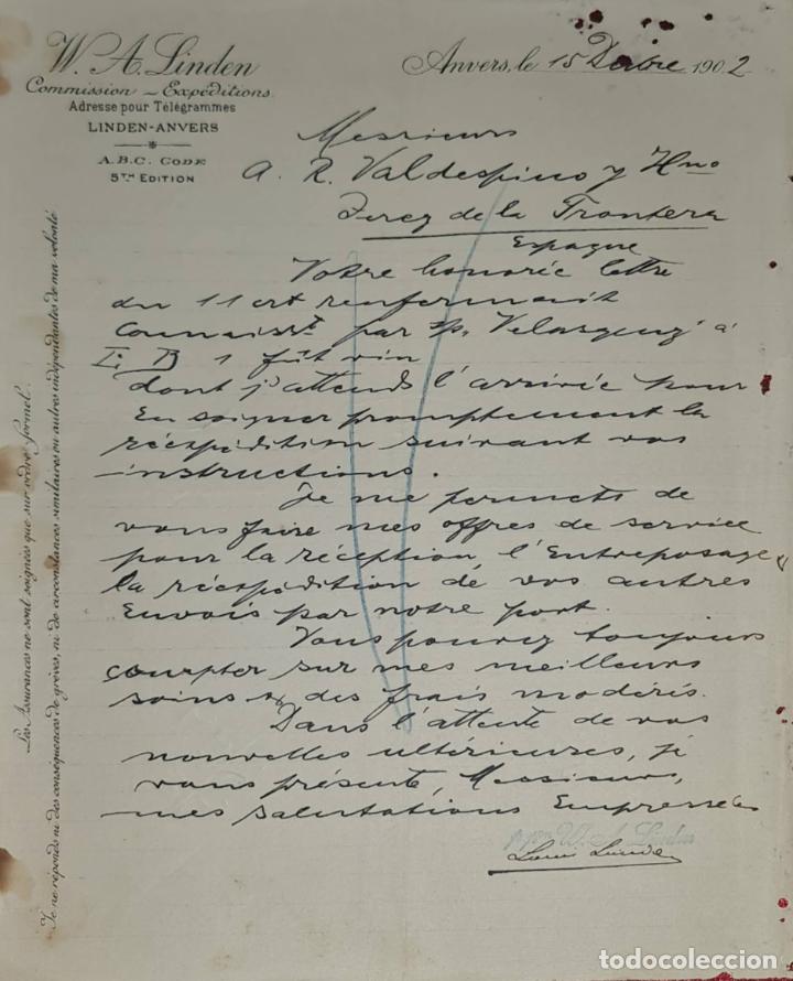 Cartas comerciais: Carta comercial. W. A. Linden. Commission- Expeditions. Anvers. Francia 1902