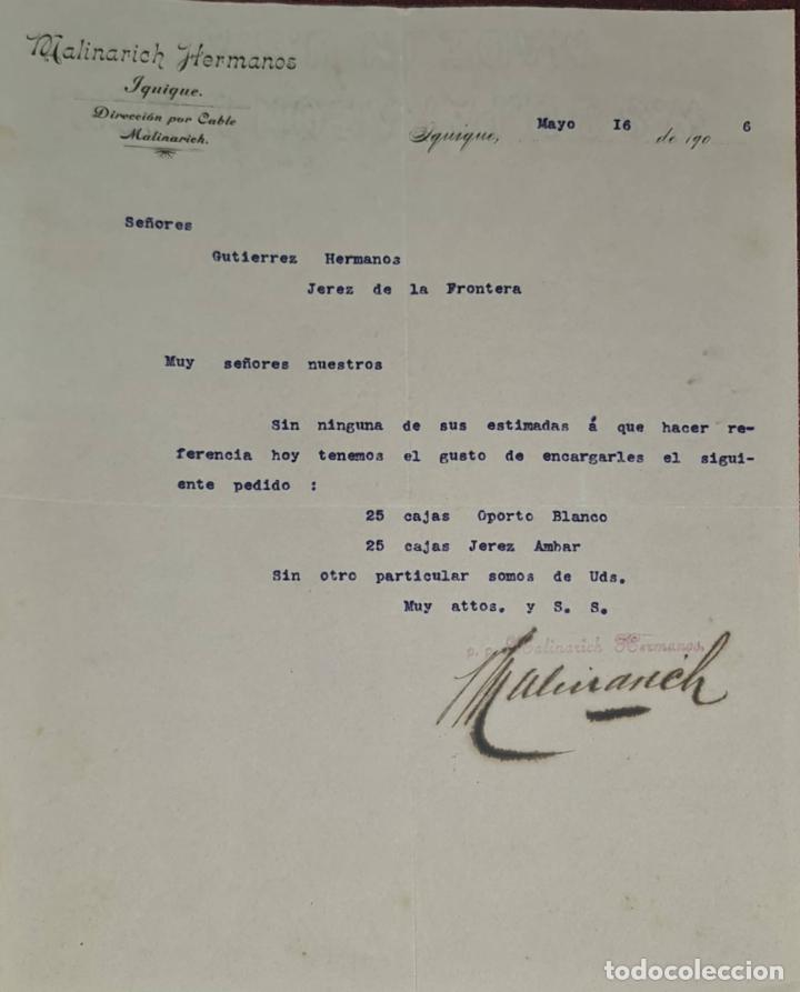 Cartas comerciais: Carta comercial. Malinarich Hermanos. Iquique. Chile 1906