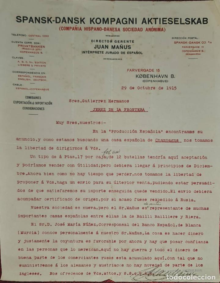 Cartas comerciais: Carta comercial. Juan Ma&ntilde;&uacute;s. Director Gerente. Spansk-Dansk Kompagni Aktieselkab. Copenhague 1915