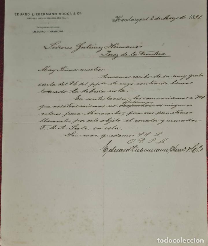 Cartas comerciais: Carta comercial. Eduard Liebermann Succ & C&ordm;. Hamburg. Alemania 1892
