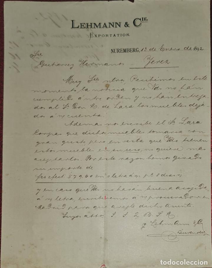 Cartas comerciais: Carta comercial. Lehmann & C&iacute;e. Exportation. Nuremberg. Alemania 1892