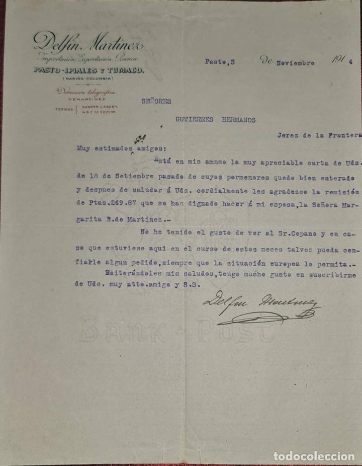 Cartas comerciais: Carta comercial. Delfin Martinez. Pasto-Ipiales-Tumaco. Colombia 1914