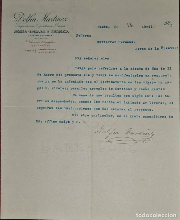 Cartas comerciais: Carta comercial. Delf&iacute;n Mart&iacute;nez. Importaci&oacute;n, Exportaci&oacute;n. Banca. Pasto. Colombia 1915