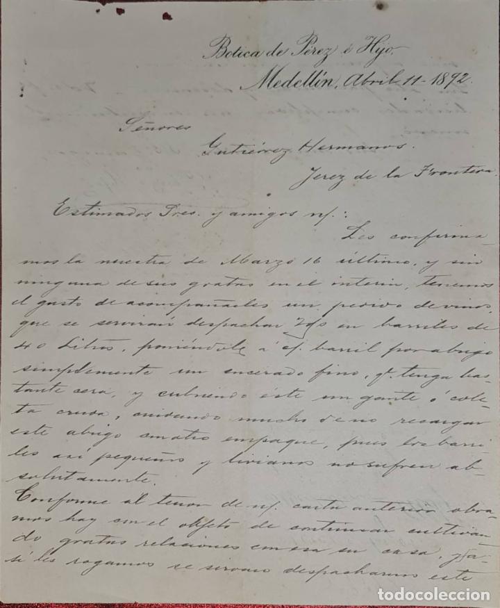 Cartas comerciais: Carta comercial. Botica de P&eacute;rez &eacute; Hijo. Medell&iacute;n. Colombia 1892