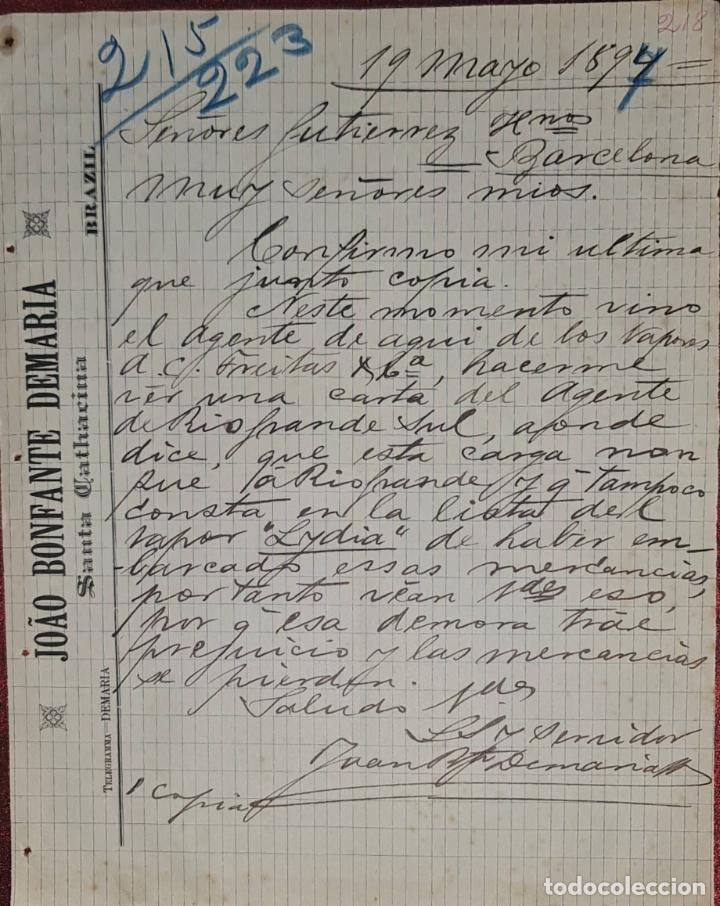 Cartas comerciais: Carta comercial. Jo&acirc;o Bonfante Demar&iacute;a. Santa Catharina. Brazil 1897