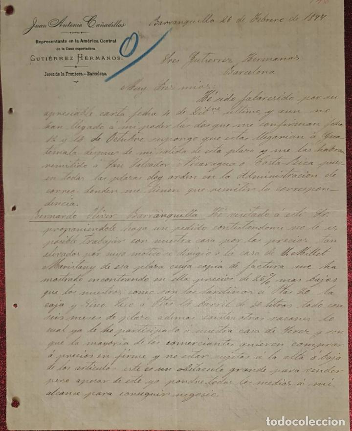 Cartas comerciais: Carta comercial. Juan Antonio Ca&ntilde;adillas. Representante de Guti&eacute;rrez Hermanos. Barranquilla. 1897