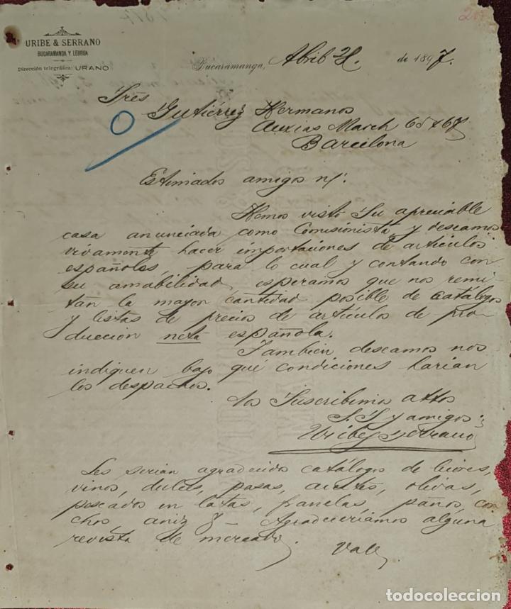 Cartas comerciais: Carta comercial. Uribe & Serrano. Bucaramanga. Colombia 1897