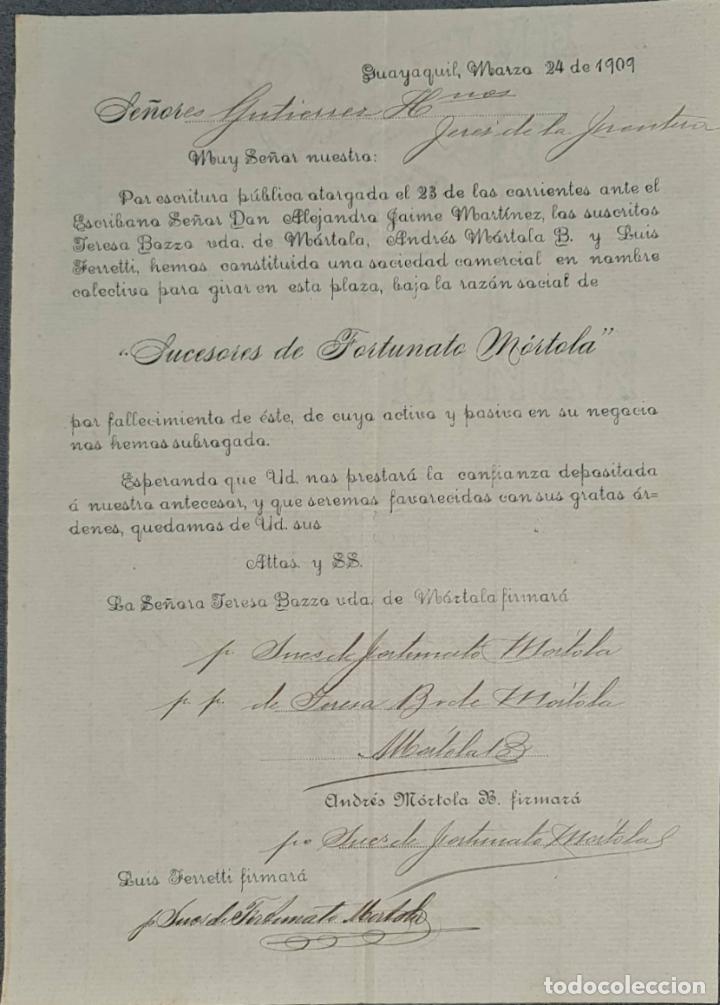 Lettres commerciales: Carta comercial. Sucesores de Fortunato M&oacute;rtola. Guayaquil. Ecuador 1909