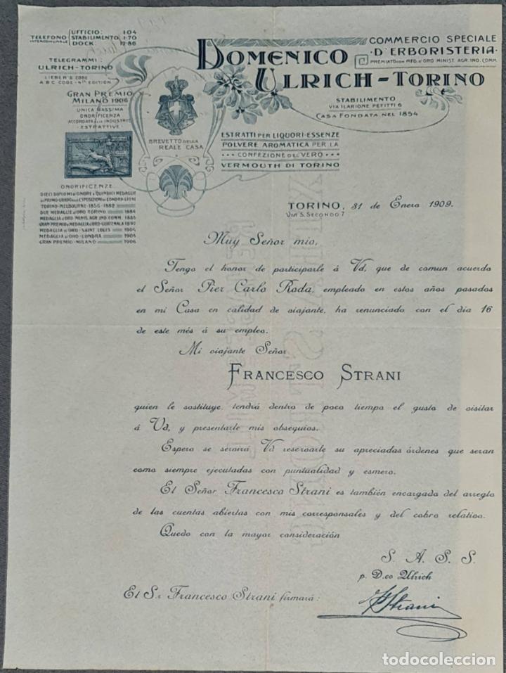 Lettres commerciales: Carta comercial. Domenico Ulrich. Commercio Speciale D&acute; Erboristeria. Torino. Italia 1909