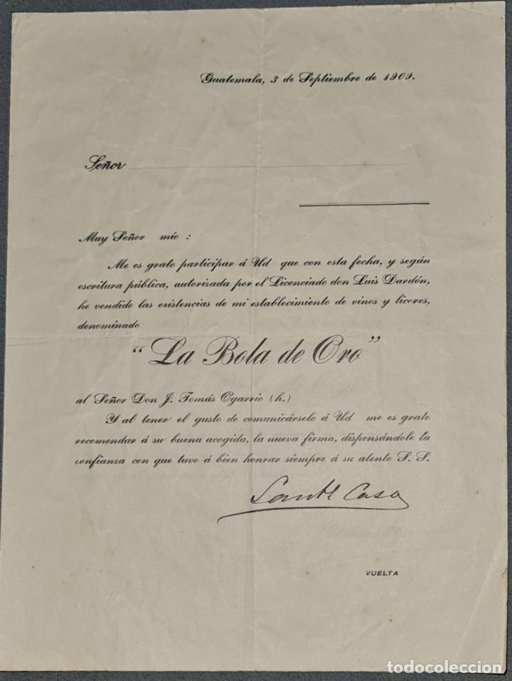 Lettres commerciales: Carta comercial. J. Tom&aacute;s Ogarrio. La Bola de Oro. Vinos y Licores. Guatemala 1909